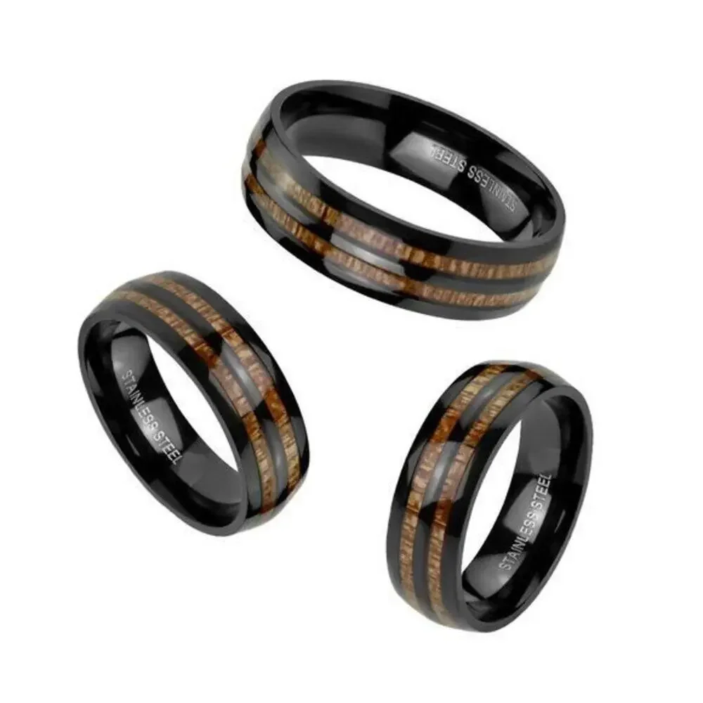 Men’s women’s Double Wood Inlay Center Black IP Stainless‎ Steel Ring Size 9